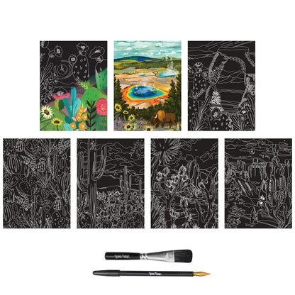 Scratch Art Paper Pad - Arches & Canyons with black and colorful design sheets and art tools