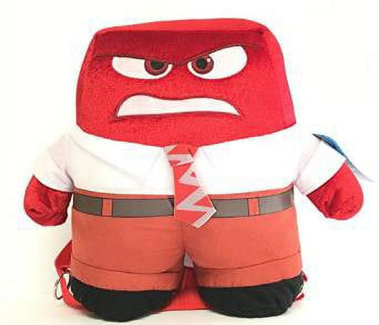 Red plush backpack shaped like an angry character with white eyes, white shoulders, coral torso, and black feet; features adjustable straps and zipper compartme