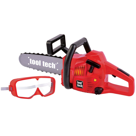 Tool Tech Powered Chain Saw toy in red with black handles, includes red safety goggles