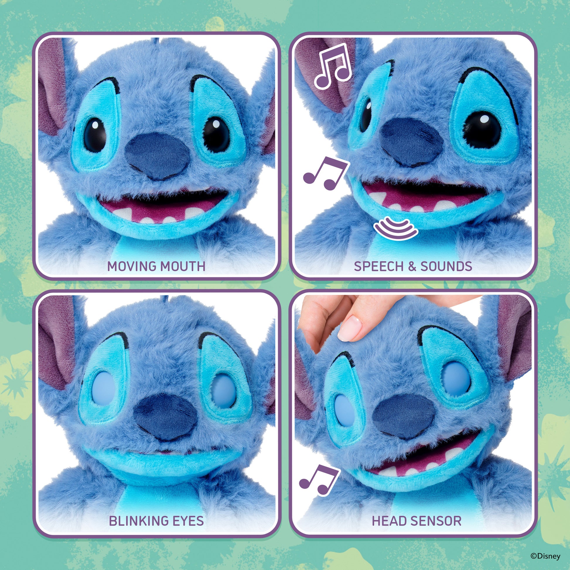 Disney Stitch Palm Puppetronic blue plush toy with interactive moving mouth, blinking eyes, and sound features