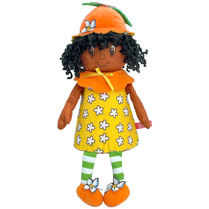 Orange Blossom 15-inch plush doll with orange hat, yellow flower dress, and striped socks