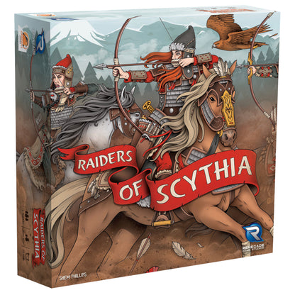Raiders of Scythia board game box featuring illustrated warriors on horseback with bows and arrows