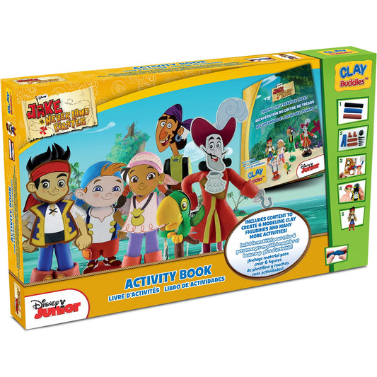 Jake the Never Land Pirates Clay Buddies Activity Book set with modeling clay, featuring Jake, Izzy, Cubby, and Captain Hook characters on tropical island backg