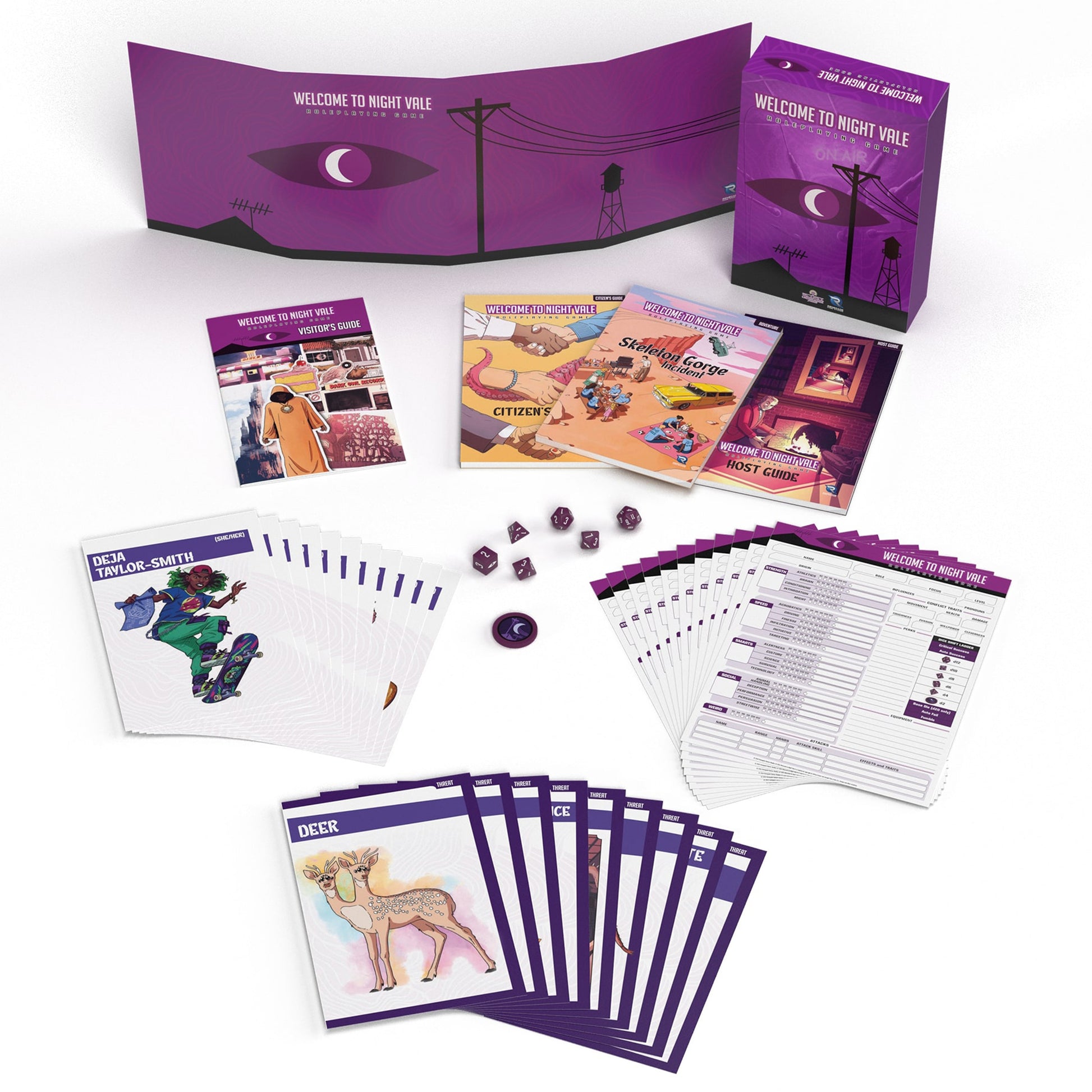 Welcome to Night Vale RPG Box Set with purple GM screen, dice, character sheets, and guidebooks