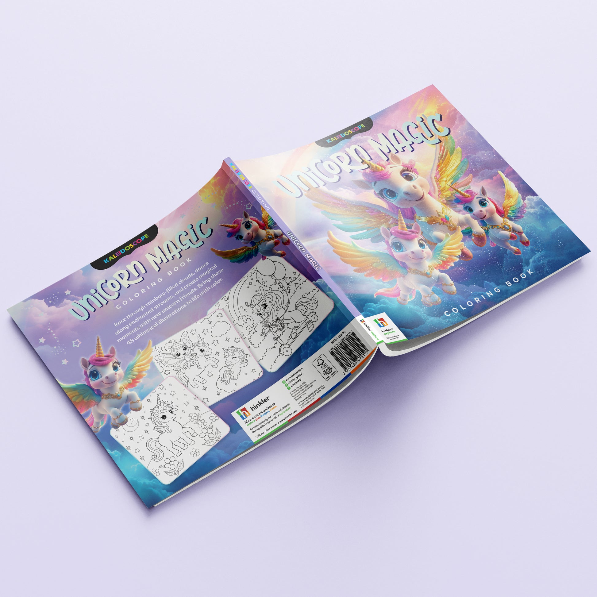 Kaleidoscope Unicorn Magic Coloring Book with rainbow winged unicorns and colorful pages
