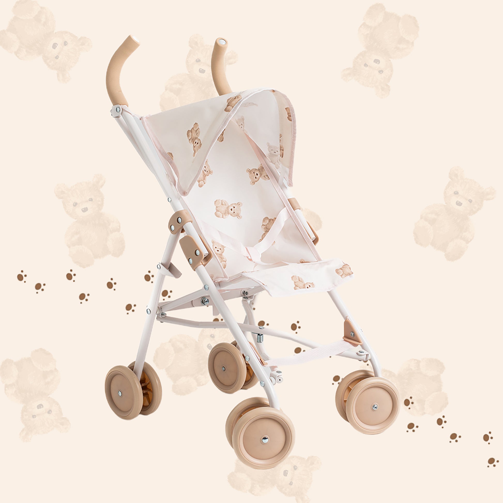 Roma Teddy XL Umbrella Buggy with teddy bear print, white frame and beige wheels