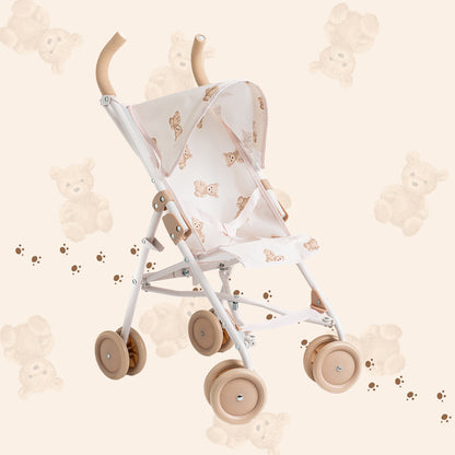 Roma Teddy XL Umbrella Buggy with teddy bear print, white frame and beige wheels