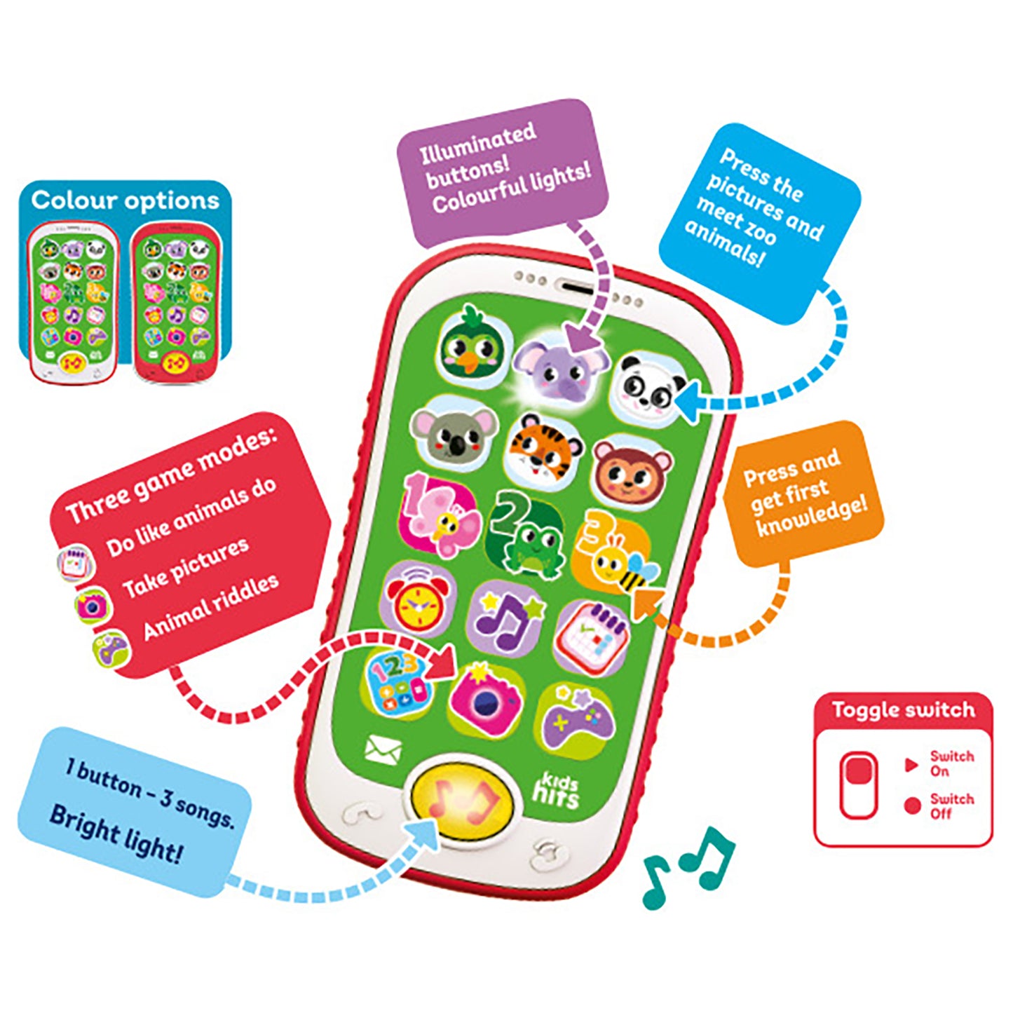 Kids Hits Smart Phone toy with illuminated buttons, green screen, animal icons, and red border
