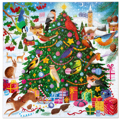 eeBoo Christmas Songbirds 1000 Piece Puzzle featuring colorful songbirds perched on a decorated green Christmas tree ...
