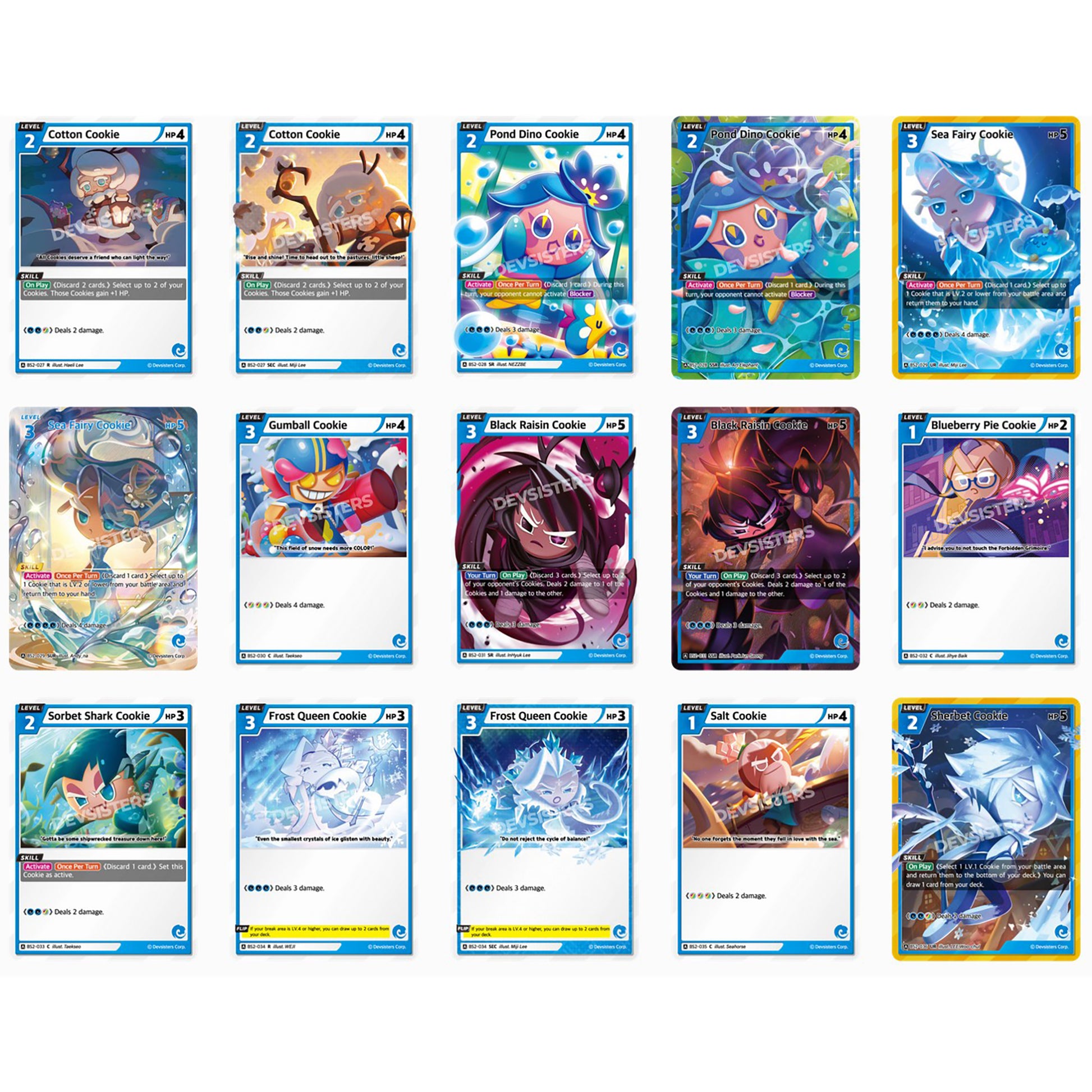 CookieRun Braverse Trading Card Game booster display showing 15 colorful character cards including Cotton Cookie, Sea...