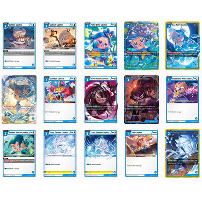 CookieRun Braverse Trading Card Game booster display showing 15 colorful character cards including Cotton Cookie, Sea...