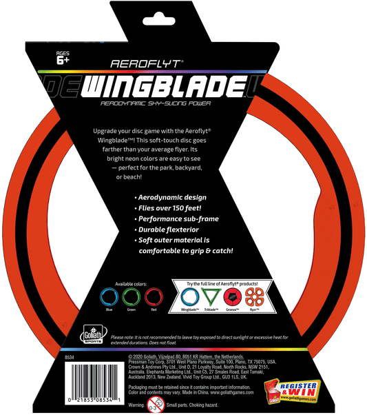 Aeroflyt Wingblade red flying disc with black trim on packaging, showing aerodynamic design, flight distance over 150 feet, and soft outer material for comforta
