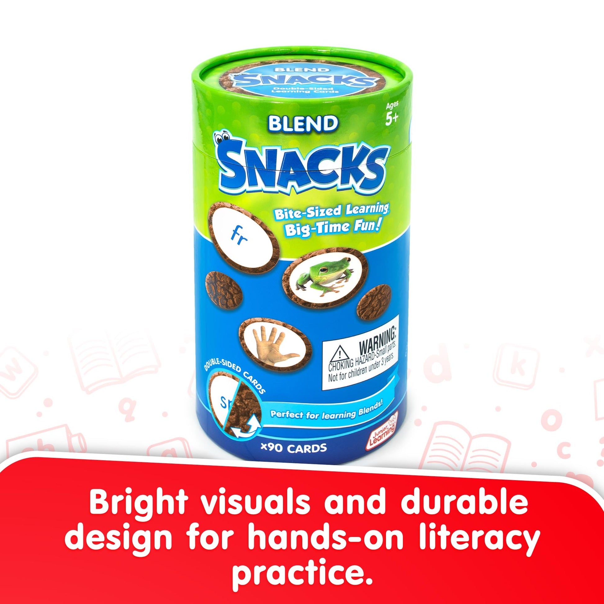 Blend Snacks educational card game with bright green and blue packaging, 90 cards for learning