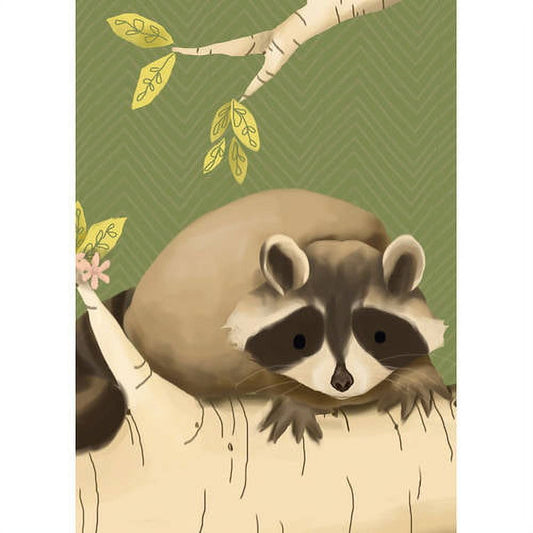 Illustrated raccoon on a branch reaching toward yellow leaves against a green background, canvas wall art