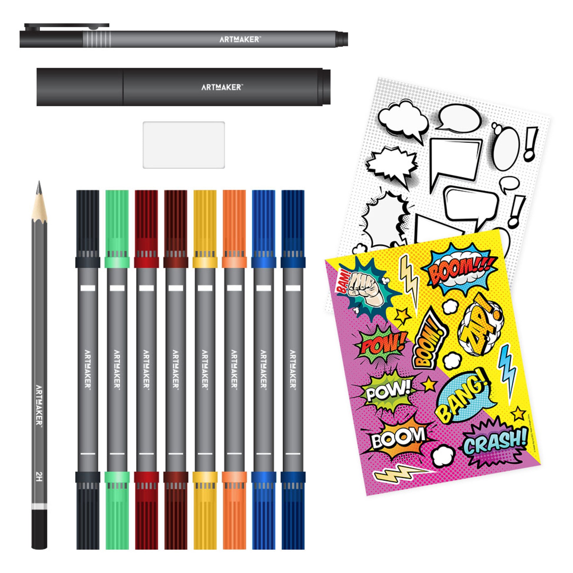 Art Marker How to Draw Comic Art set with colored markers, pencil, stickers, and instruction sheet