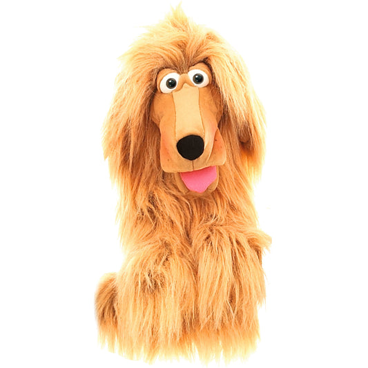 Living Puppets Honey Pup hand puppet with golden-orange long hair, orange snout, and pink tongue