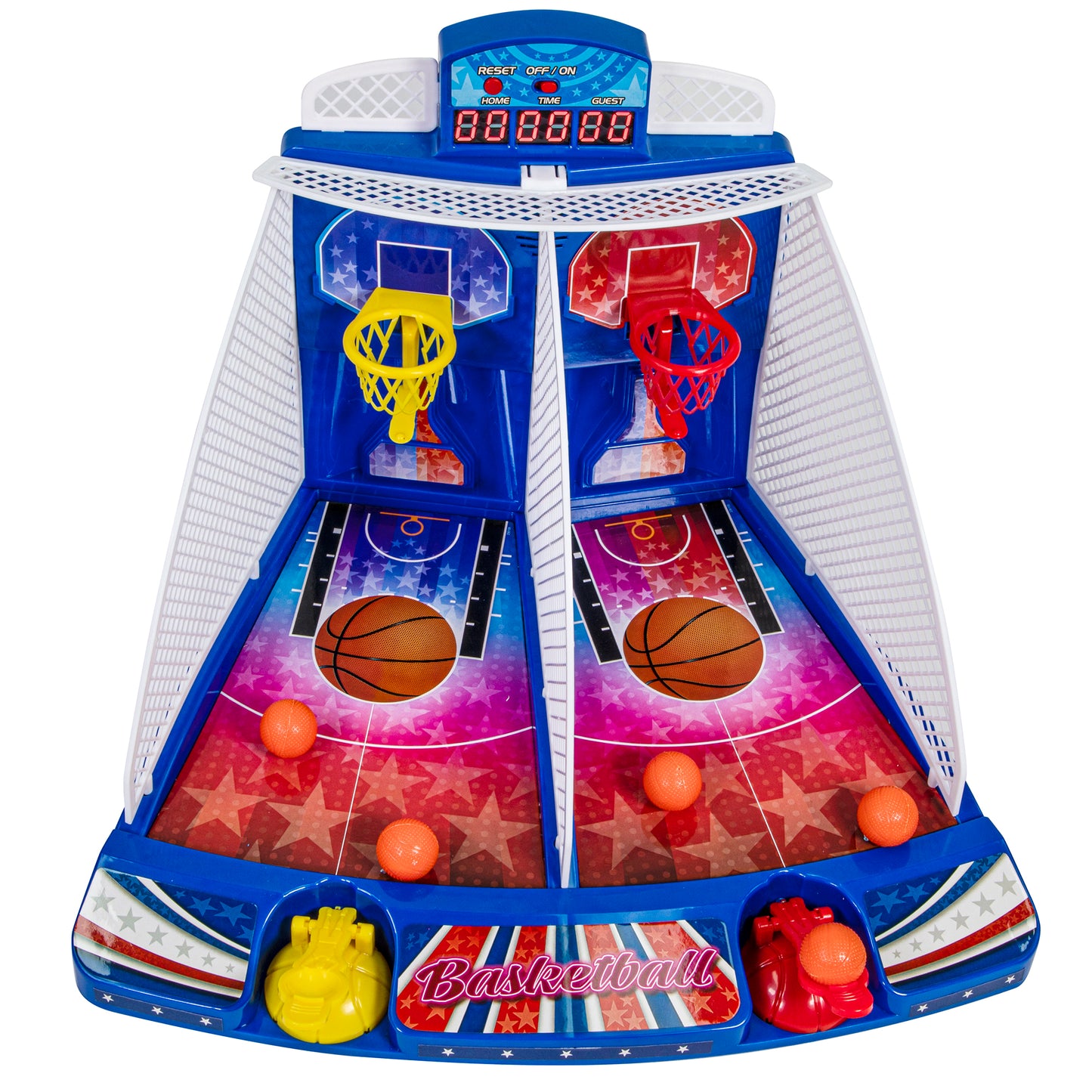 Retro Arcade Electronic Basketball Game with dual courts, blue and white design