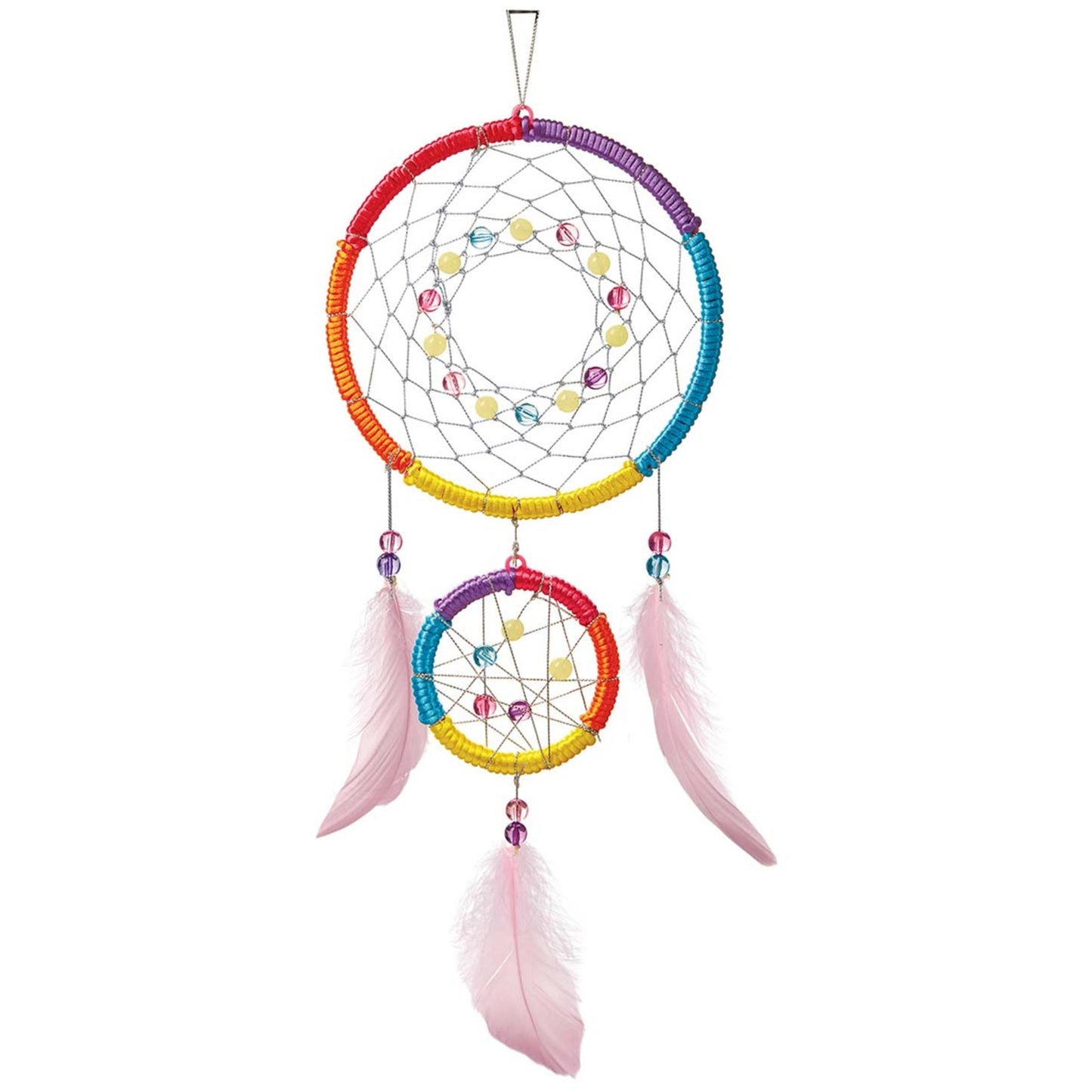 4M KidzMaker Dream Catcher DIY Craft Kit with rainbow-wrapped rings, beads, and pink feathers