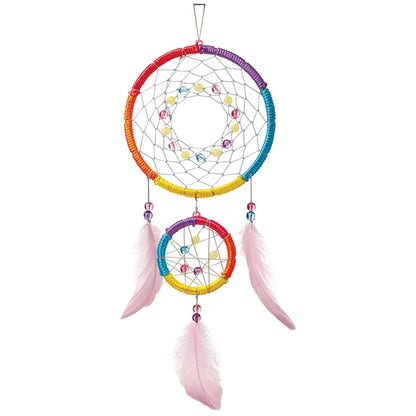 4M KidzMaker Dream Catcher DIY Craft Kit with rainbow-wrapped rings, beads, and pink feathers