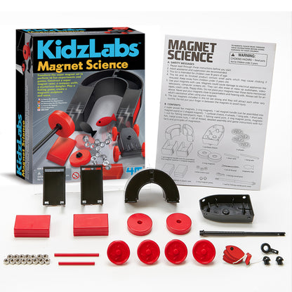 KidzLabs Magnet Science STEM kit with red and black components, magnets, and instruction manual