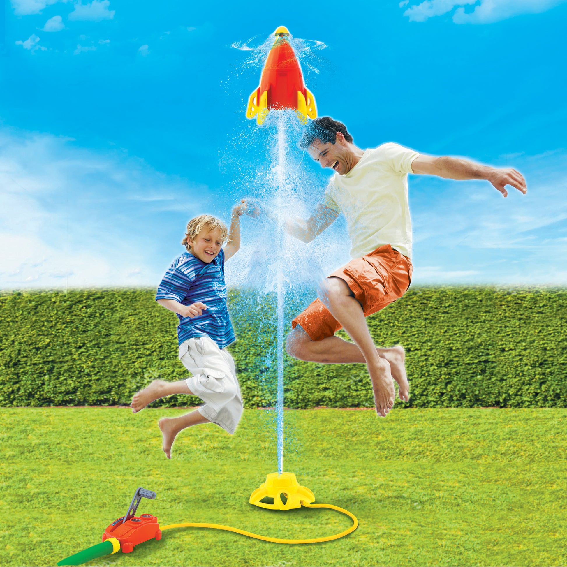 Splash Rocket water toy with yellow base spraying water, kids playing in grass