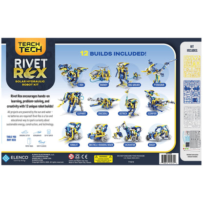 Teach Tech Rivet Rex Solar Hydraulic Robot Kit with 12 blue and yellow robot builds