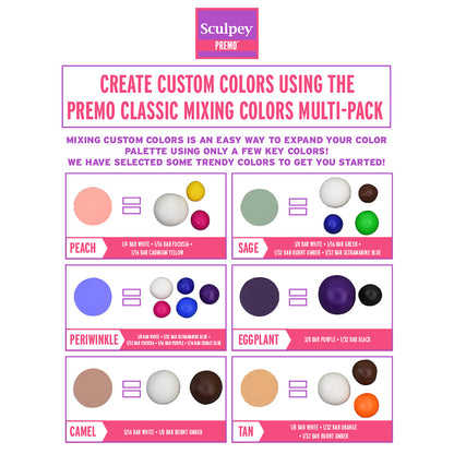 Sculpey Premo Classic Colors Multipack showing 6 custom color mixing combinations with clay color recipes
