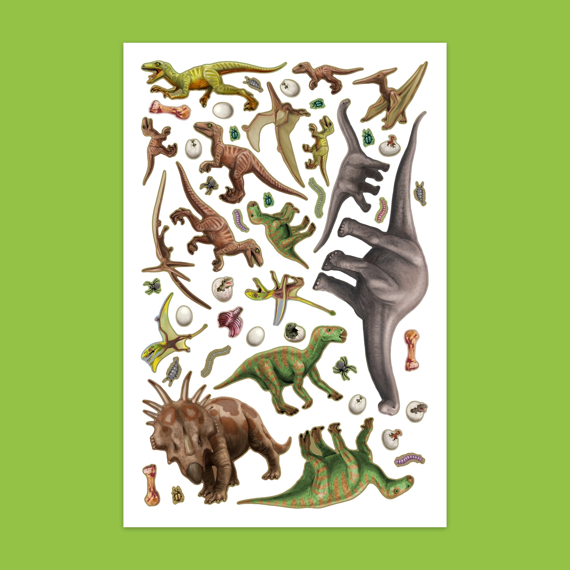 Dinosaur stickers sheet featuring colorful T-Rex, Triceratops, and flying dinosaurs for Color & Sticker Fun book