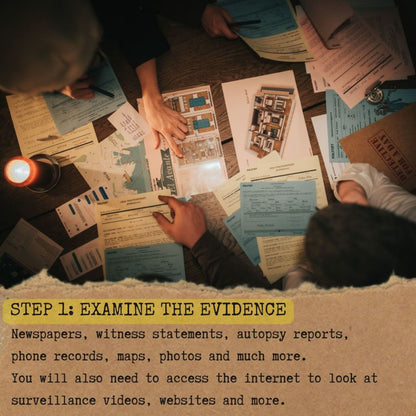 Detective For A Day murder mystery game with evidence documents and floor plan layouts
