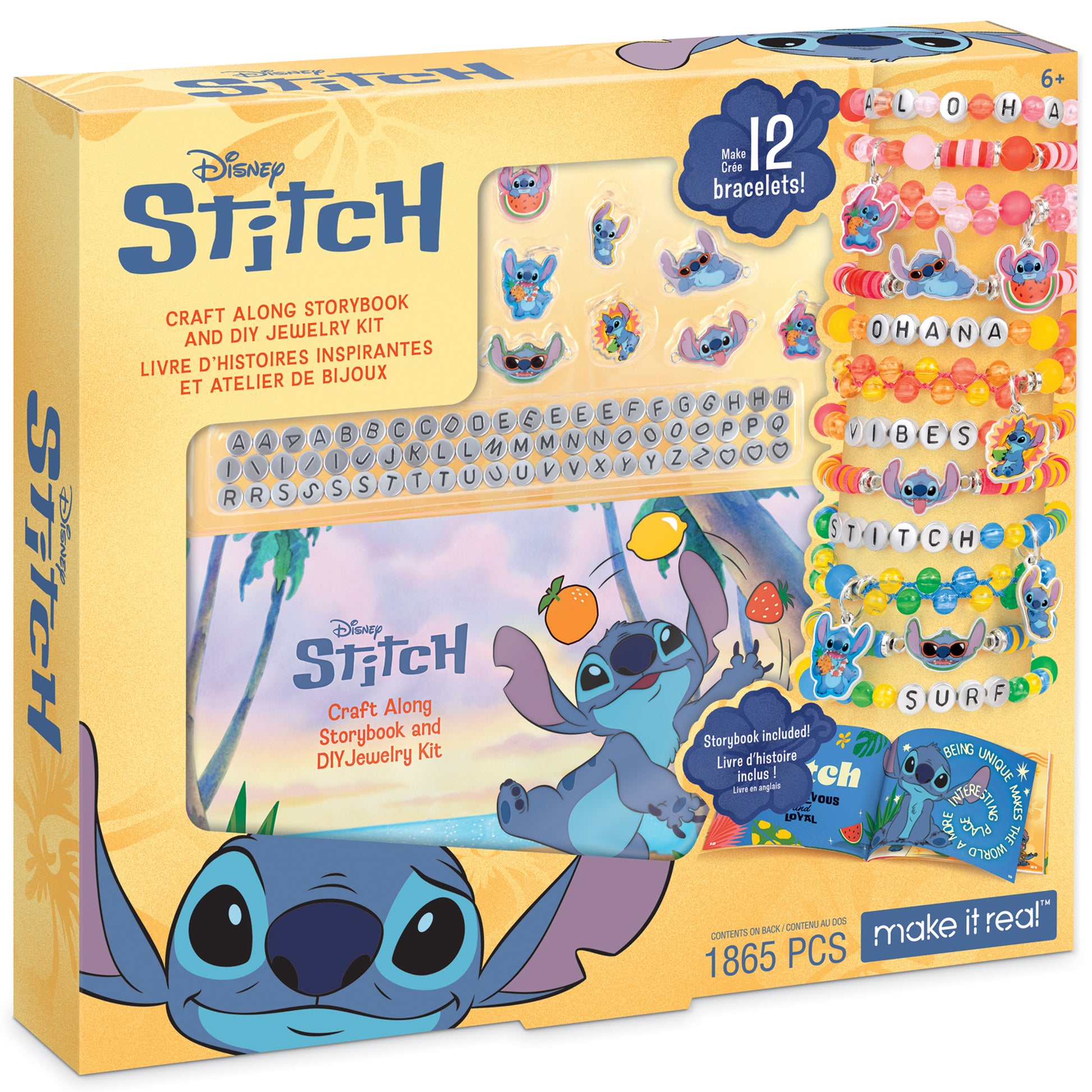 Disney Stitch Craft Along Storybook & DIY Jewelry Kit with colorful beads and letter charms for making 12 bracelets