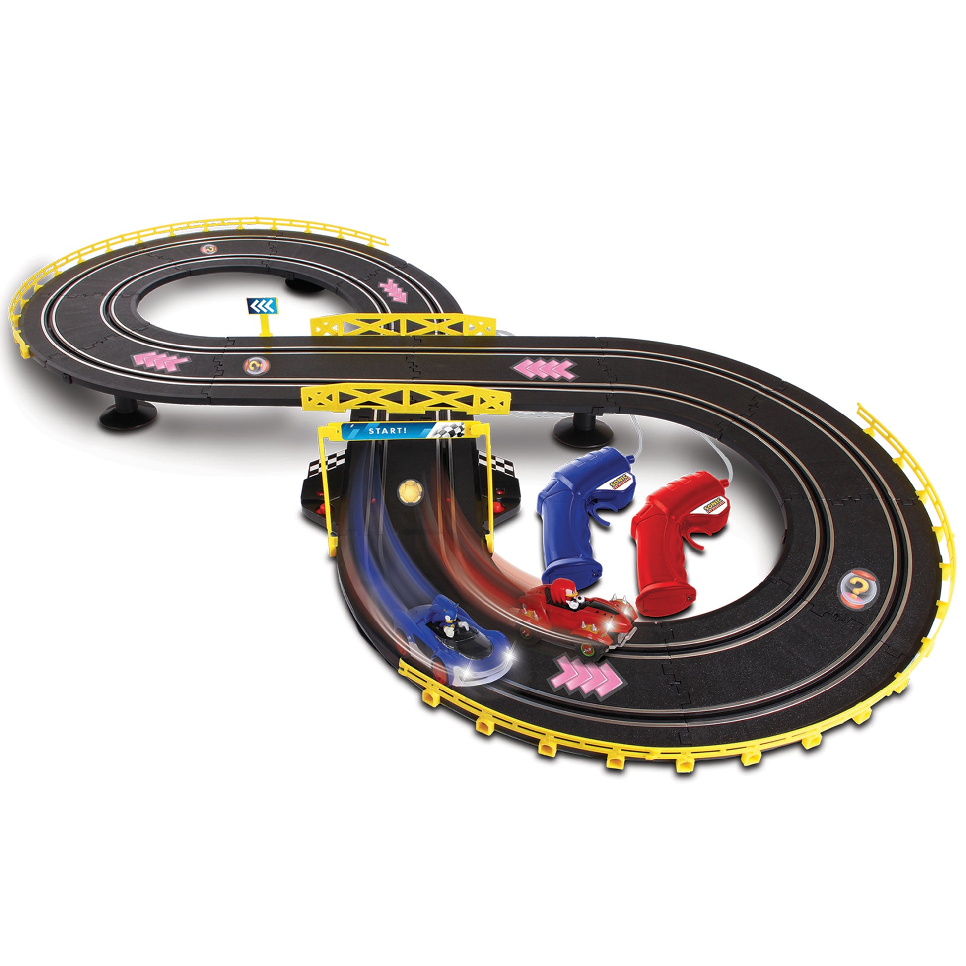 Sonic Crossworlds Slot Car Race Set with blue Sonic and red Knuckles cars on black track with yellow barriers