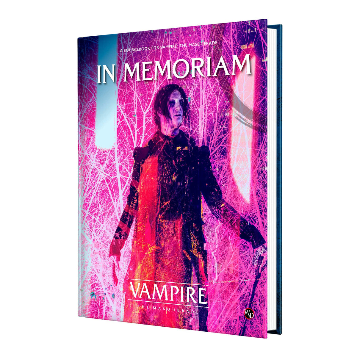 Vampire: The Masquerade 5th Edition In Memoriam Sourcebook RPG book with neon pink and purple cover art