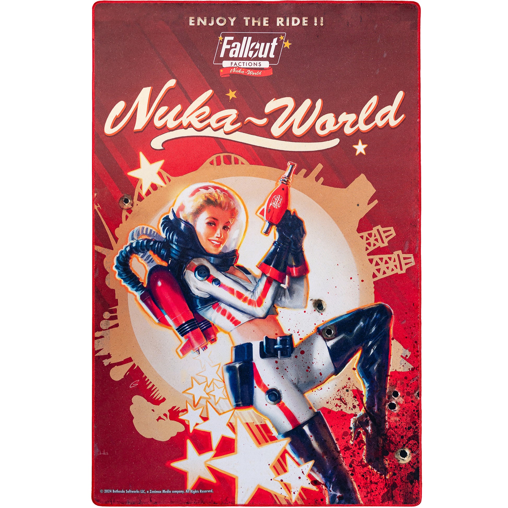 Fallout Factions Nuka-World Battle Map with retro pin-up character artwork and red theme