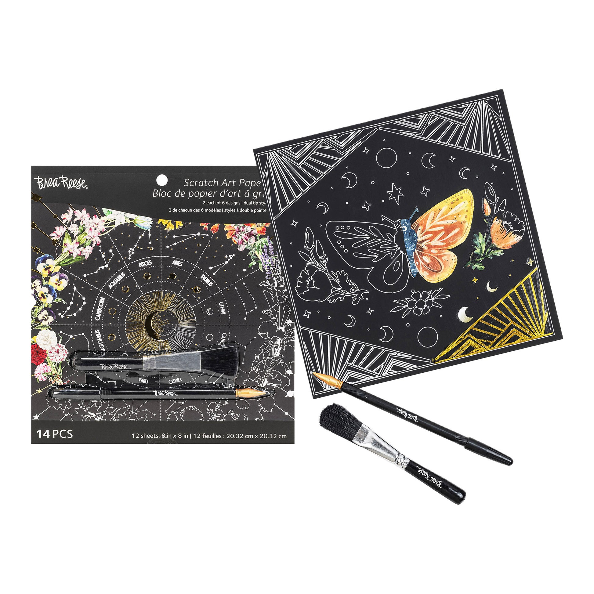 Scratch Art Paper Pad Whimsical Celestial with black sheets, brushes, and colorful designs