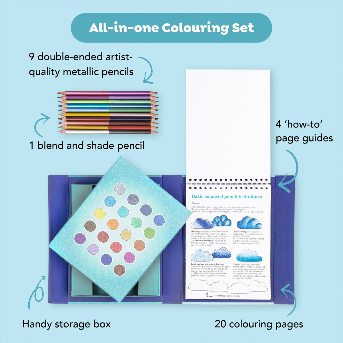 Pencil Art: Metallic Blend & Shade coloring set with 9 double-ended metallic pencils, storage box, and 20 coloring pages