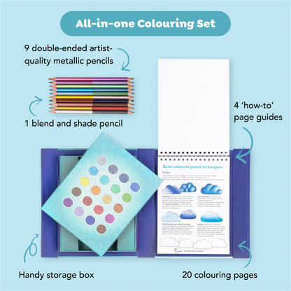 Pencil Art: Metallic Blend & Shade coloring set with 9 double-ended metallic pencils, storage box, and 20 coloring pages