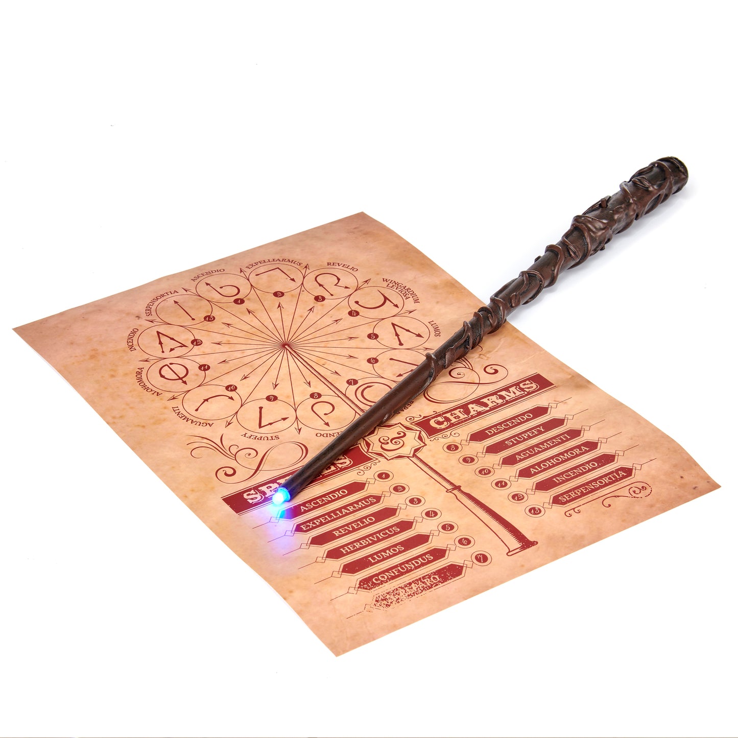 Hermione Granger Deluxe Lumos Wand with light-up feature on interactive spell chart