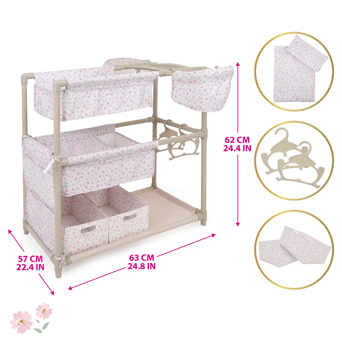 Little Flora Twin Doll Play Center with pink floral bedding, storage, and accessories for kids
