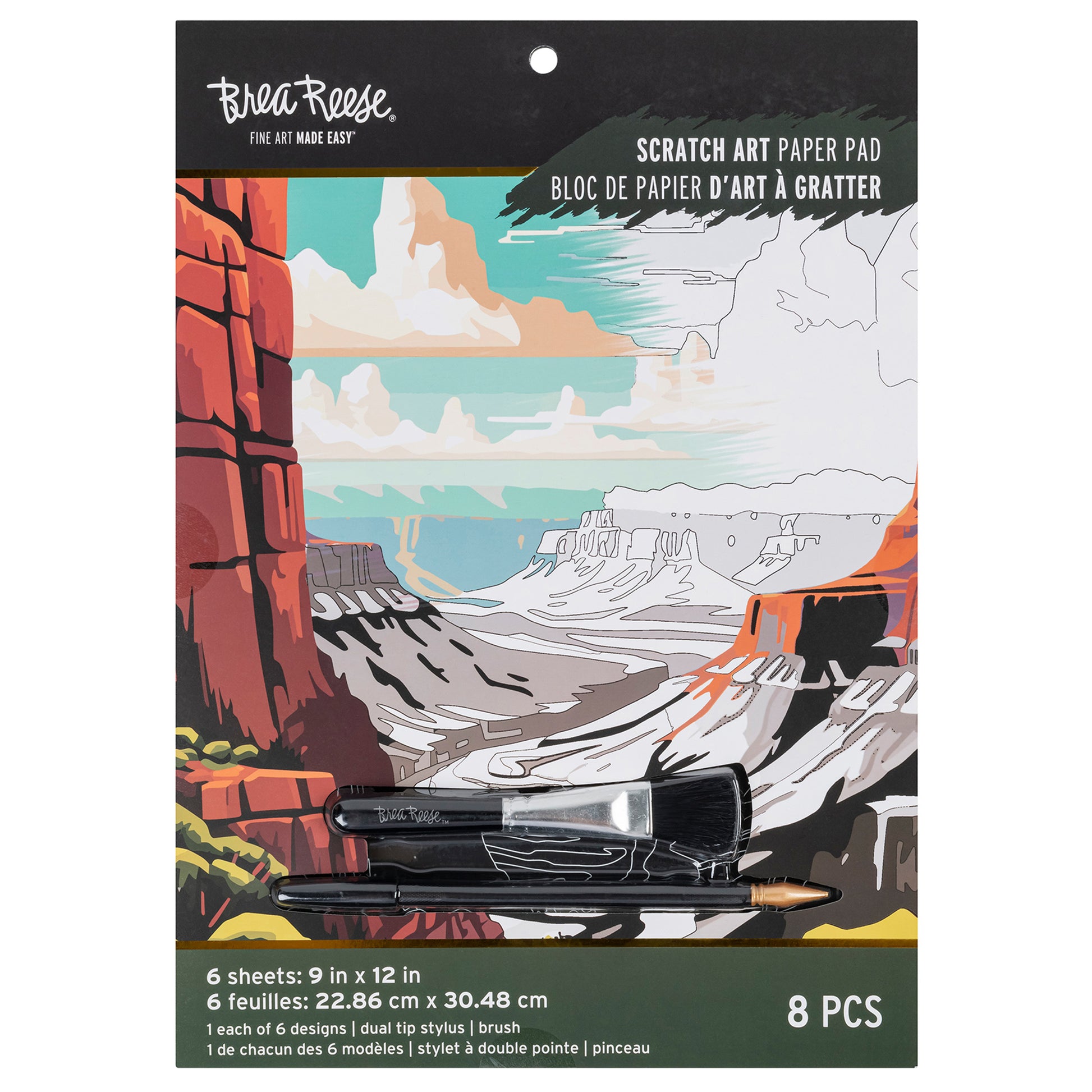 Brea Reese Scratch Art Paper Pad with 6 desert landscape designs, dual-tip stylus, and brush tools