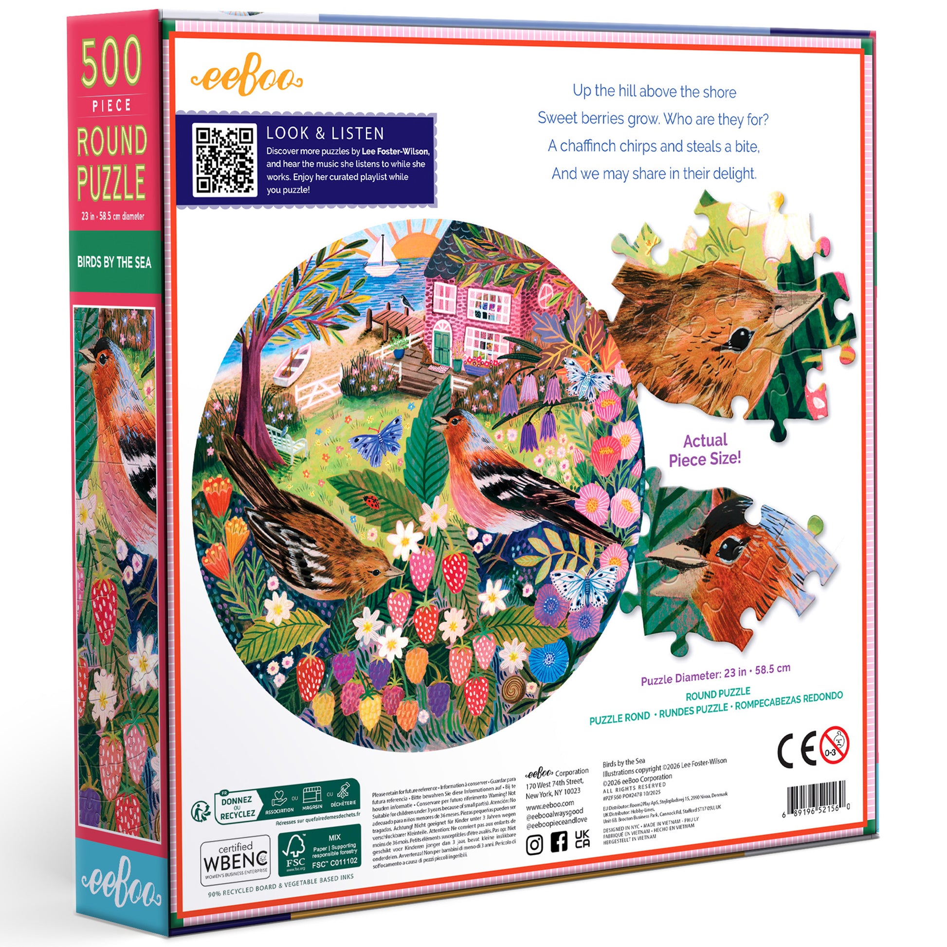 eeBoo Birds By The Sea 500 Piece Round Puzzle with colorful coastal scene and birds
