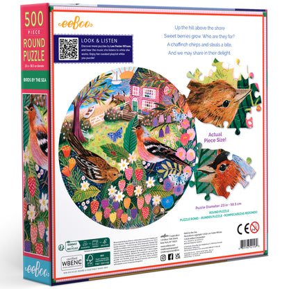 eeBoo Birds By The Sea 500 Piece Round Puzzle with colorful coastal scene and birds