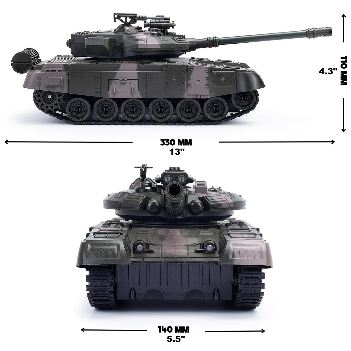 CMJ RC Battle Tank in grey camo shown from side and top views with remote control