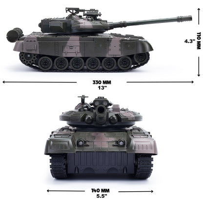 CMJ RC Battle Tank in grey camo shown from side and top views with remote control