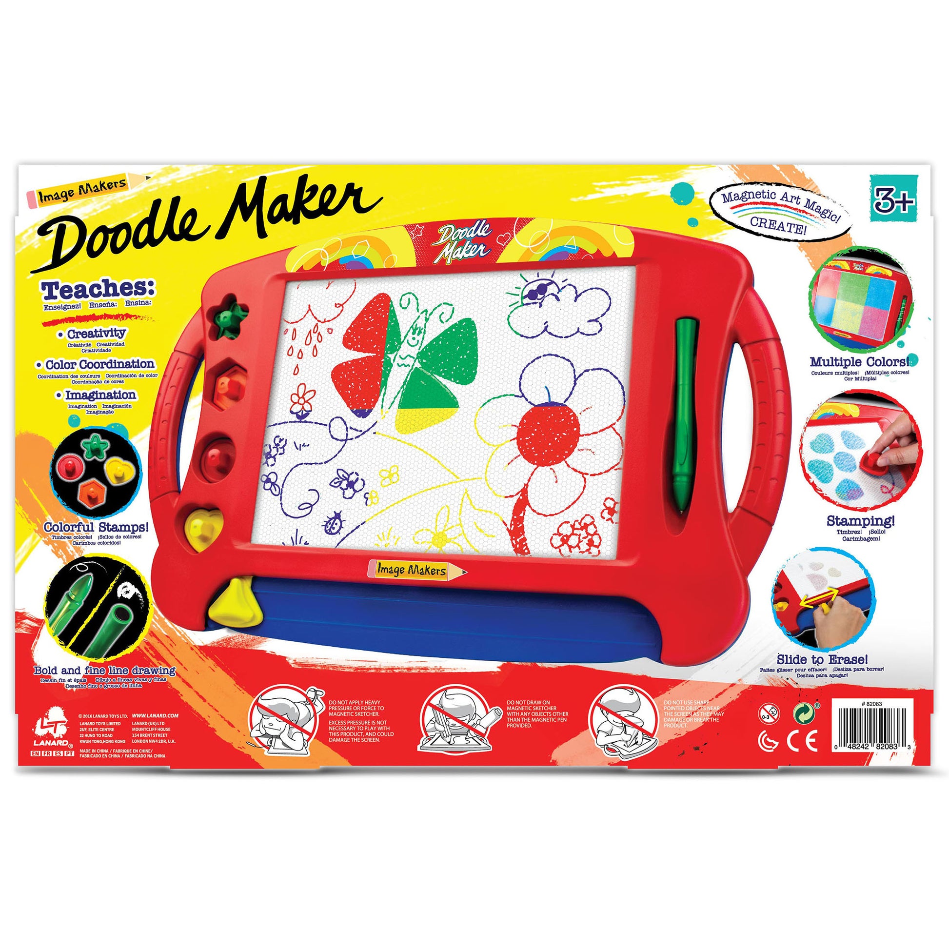 Lanard Doodle Maker red magnetic drawing board with colorful stamps and green pen