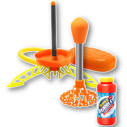 Air Powered Bubble Rocket toy with orange launcher, yellow launch pad, and bubble solution bottle