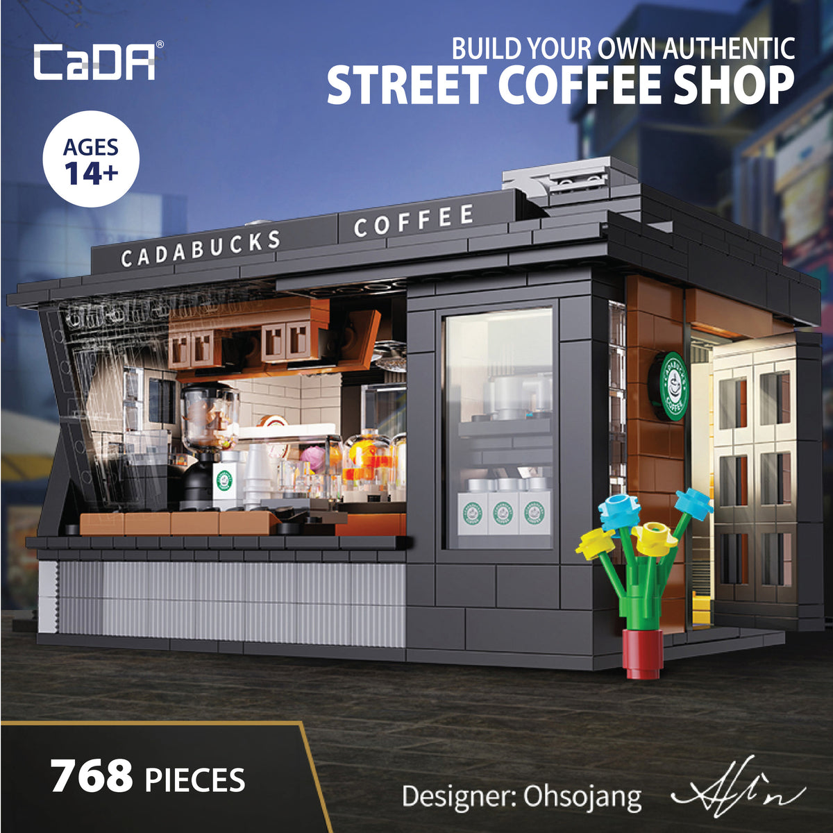 CaDA Coffee House 768-piece building set featuring black and orange street café with LED lighting, counter, and flowe...