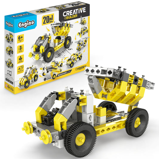 Engino Creative Builder 20-in-1 yellow and gray construction vehicle building set with box and assembled wheel loader model