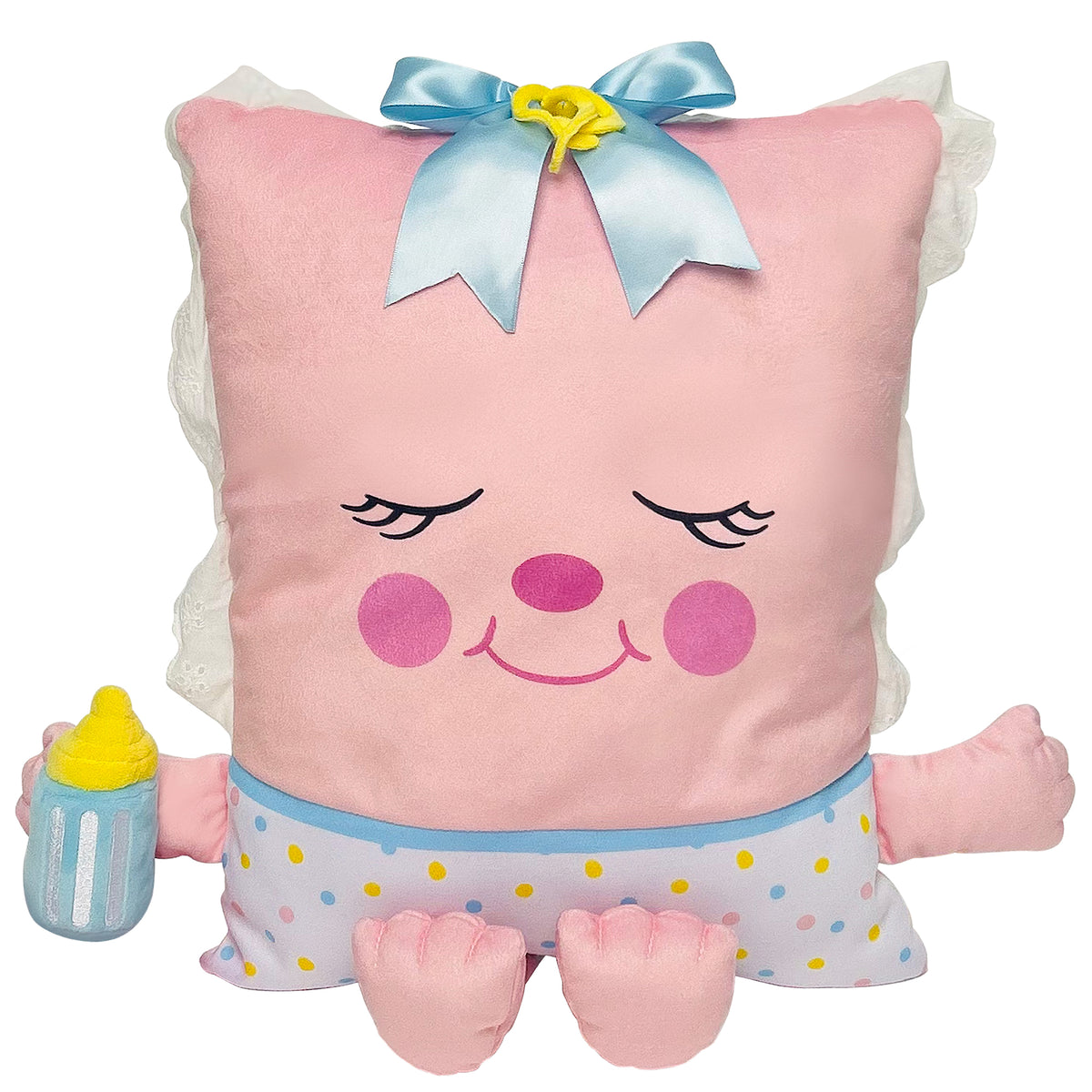 Pink plush pillow character with closed eyes, rosy cheeks, and smiling mouth, wearing blue bow with yellow flower, white lace ears, polka-dot lower body, and pi