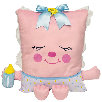 Pink plush pillow character with closed eyes, rosy cheeks, and smiling mouth, wearing blue bow with yellow flower, white lace ears, polka-dot lower body, and pi