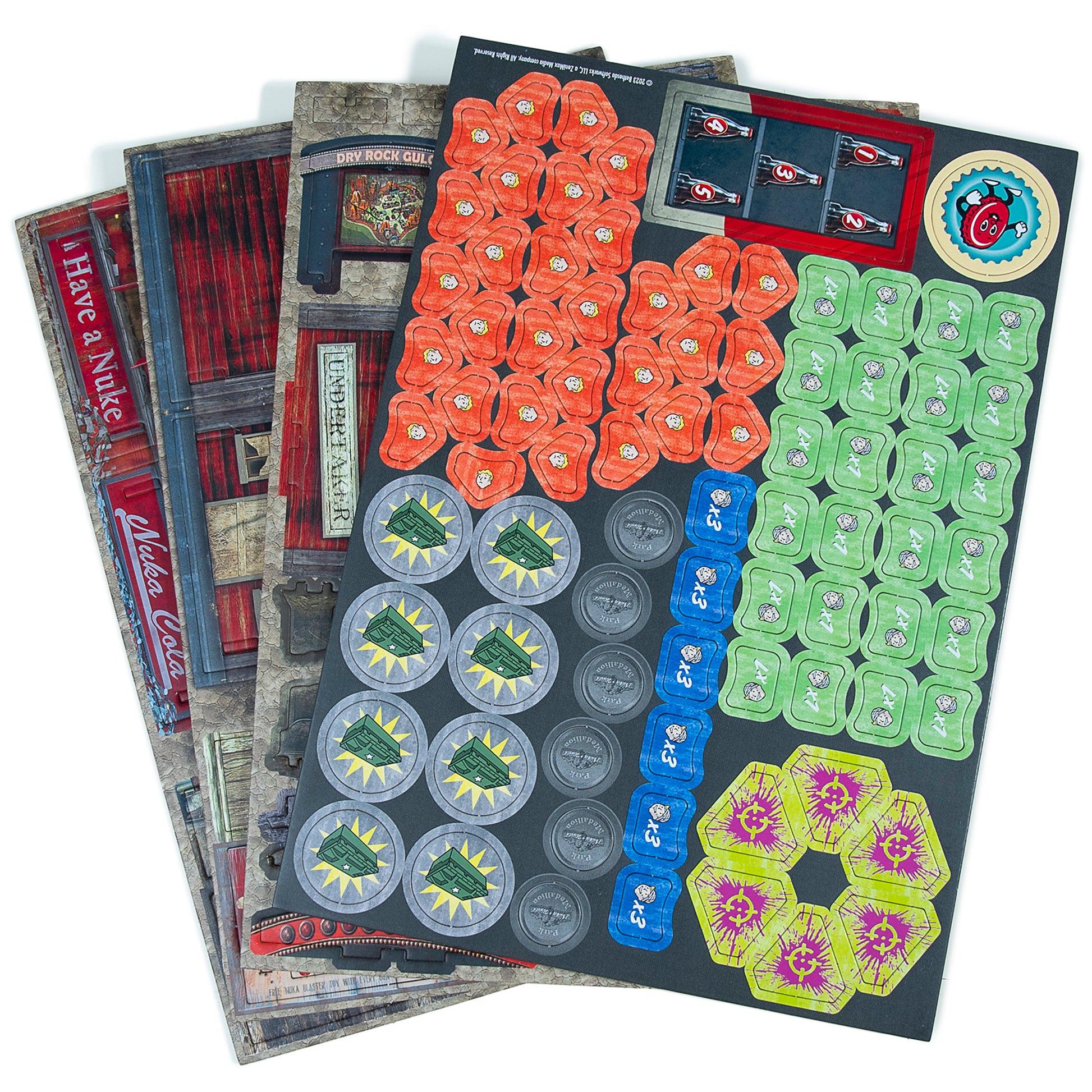 Fallout: Factions - Tokens and Terrain Pack 1 with colorful game pieces and map tiles